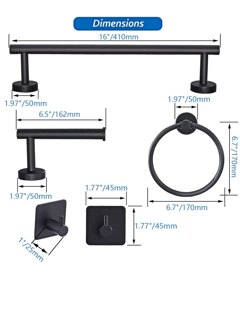 6 PCS Bathroom Hardware Set Matte Black Stainless Steel Bathroom Accessories Towel Rack Set Round Wall Mounted Include 16inch Towel Bar Toilet Paper Holder Towel Ring 3 Robe Towel Hooks