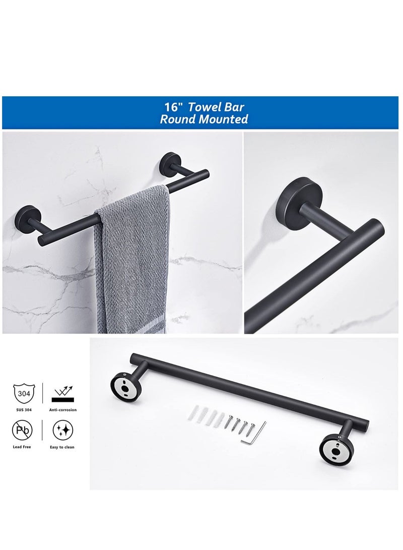 6 PCS Bathroom Hardware Set Matte Black Stainless Steel Bathroom Accessories Towel Rack Set Round Wall Mounted Include 16inch Towel Bar Toilet Paper Holder Towel Ring 3 Robe Towel Hooks