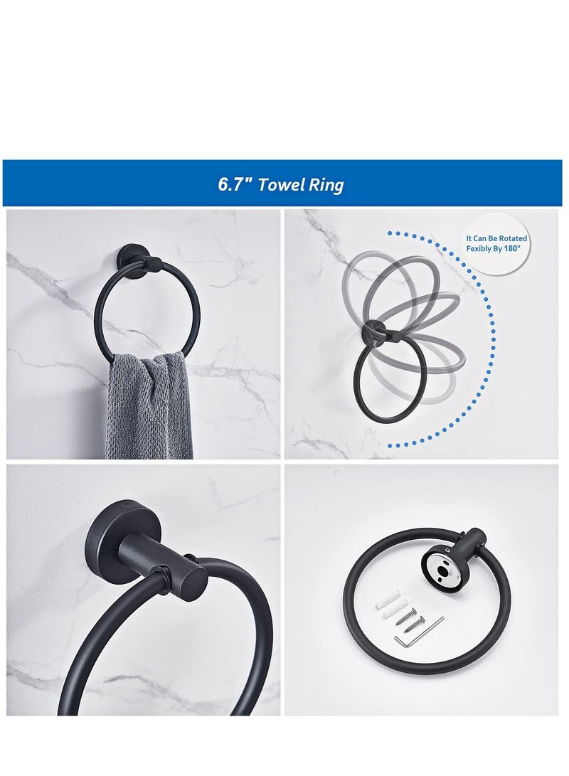 6 PCS Bathroom Hardware Set Matte Black Stainless Steel Bathroom Accessories Towel Rack Set Round Wall Mounted Include 16inch Towel Bar Toilet Paper Holder Towel Ring 3 Robe Towel Hooks