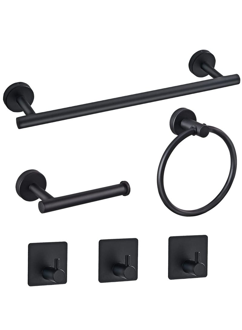 6 PCS Bathroom Hardware Set Matte Black Stainless Steel Bathroom Accessories Towel Rack Set Round Wall Mounted Include 16inch Towel Bar Toilet Paper Holder Towel Ring 3 Robe Towel Hooks