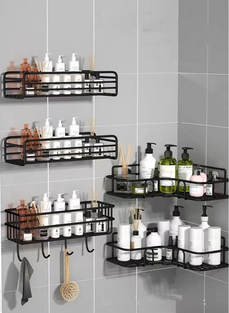 5-Piece Bathroom Rack Shower Shampoo Organizer Wall Mounted Storage Rack And Hooks Black