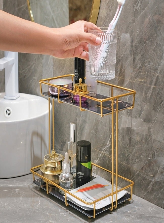 2-Tier Metal Countertop Bathroom Organizer Rack and Cosmetic Countertop Storage Shelf with Removable Marble Glass Tray