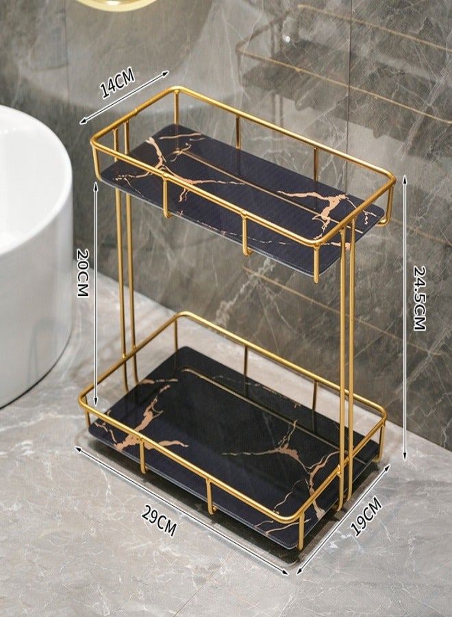 2-Tier Metal Countertop Bathroom Organizer Rack and Cosmetic Countertop Storage Shelf with Removable Marble Glass Tray