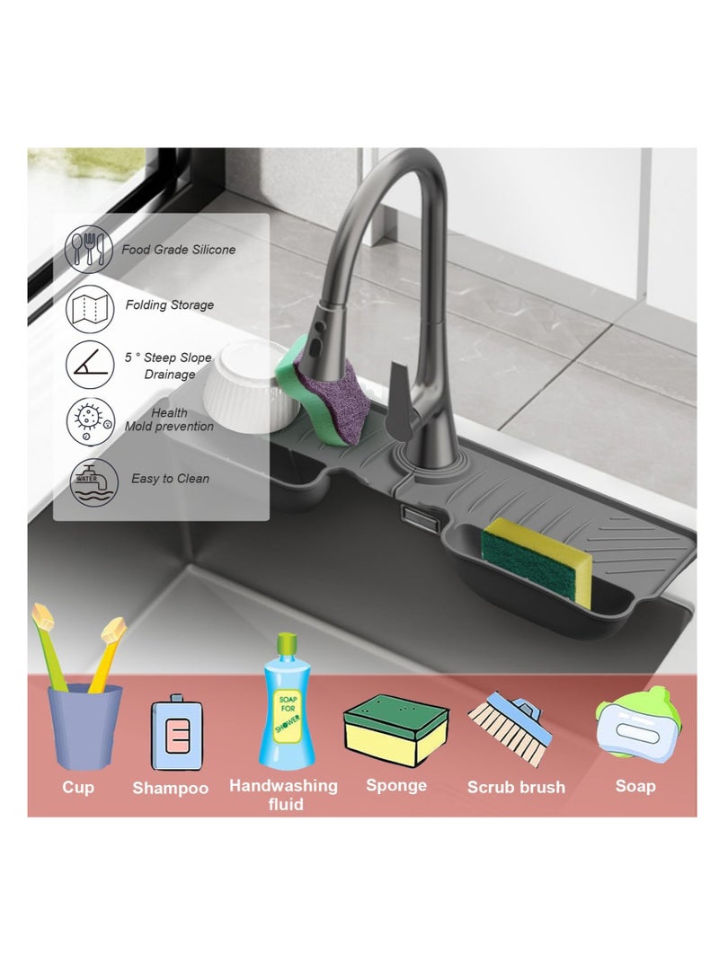 Silicone Faucet Splash Guard Mat, Silicone Sink Mat Tray Drying Mat, Upgraded Faucet Water Catcher Tray, Dish Sponge Holder, Home Kitchen Sink Accessory Gadgets Organizer (Dark Grey)