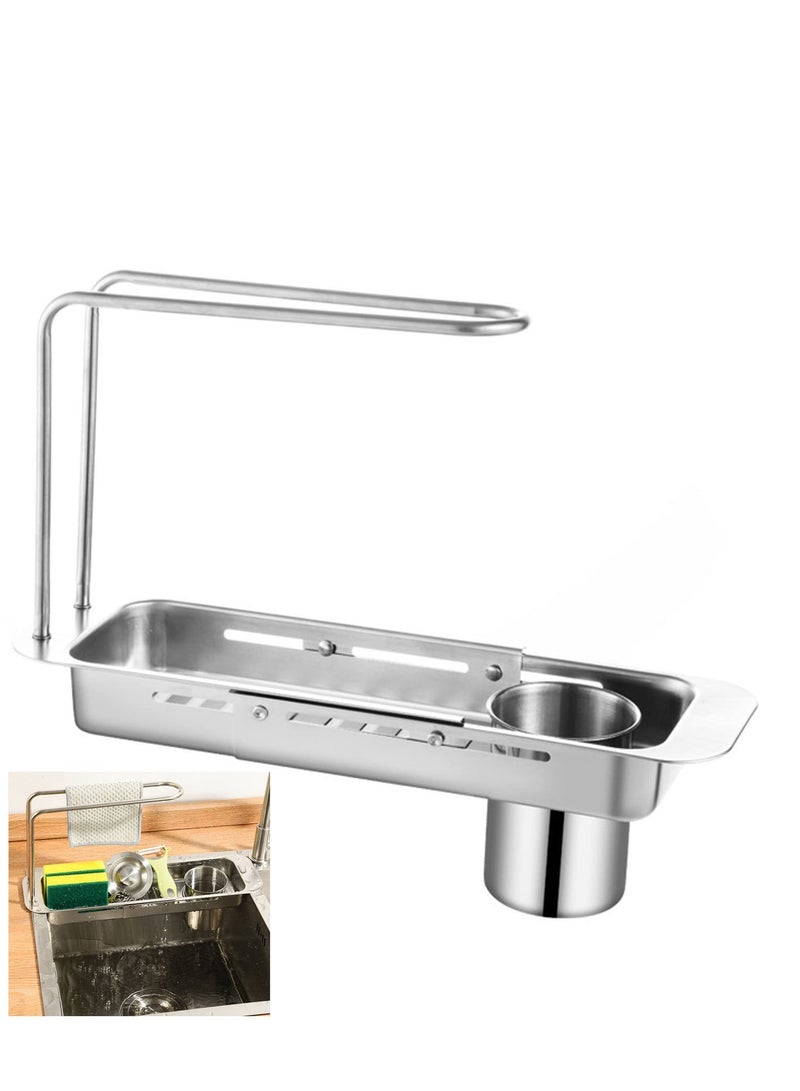 Kitchen Sink Caddy Sponge Holder,Stainless Steel Multi-Functional Over Sink Organizer with Towel Holder and Residue Filter