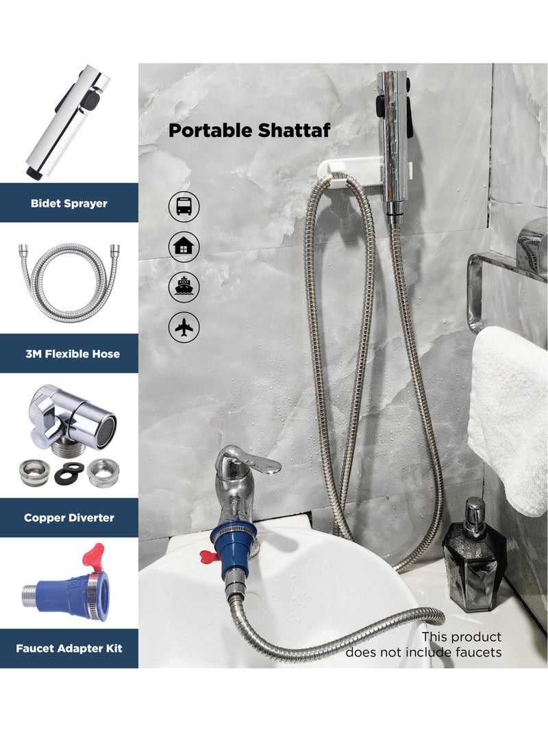 Travel Shattaf/bidet kit Silver. With 3 meter water Hose. Polished brass water distributor. Including Shattaf bracket holder and Blue carry bag