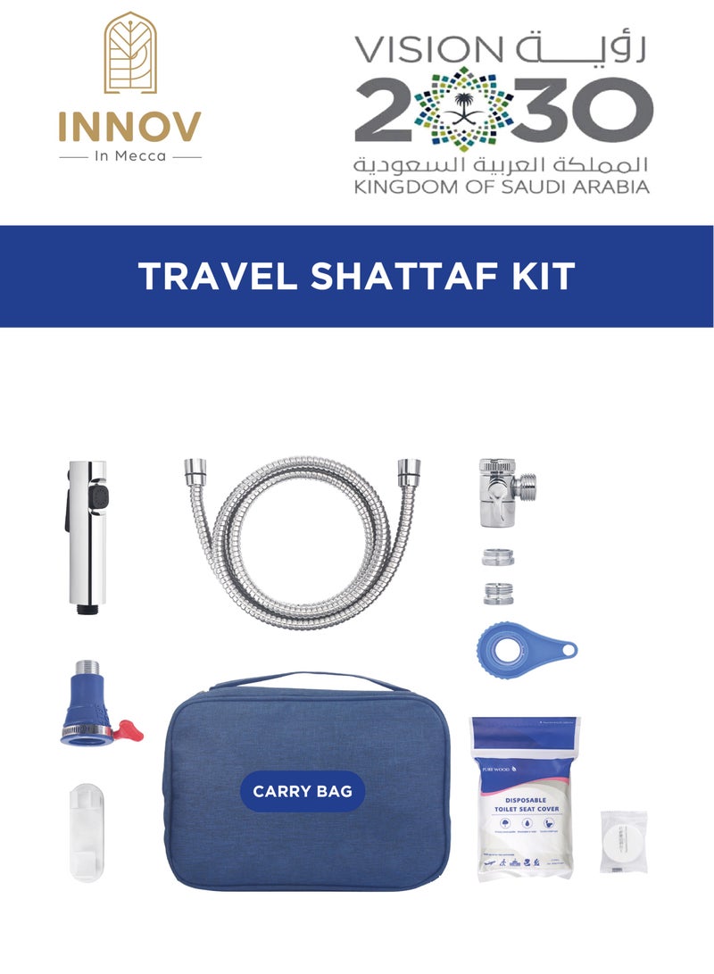 Travel Shattaf/bidet kit Silver. With 3 meter water Hose. Polished brass water distributor. Including Shattaf bracket holder and Blue carry bag