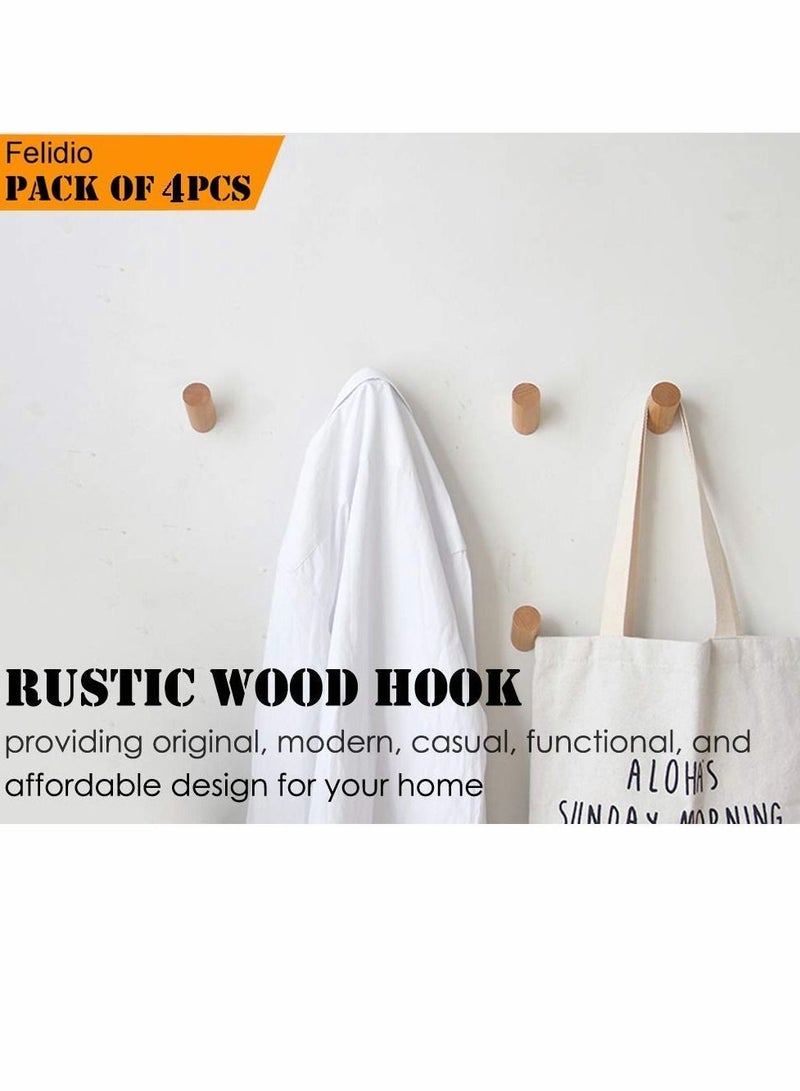 Wall Hooks, 4 Pack Natural Wood Coat Hooks Mounted, Rustic Rack Hat Robe Hook Entryway Hangers Heavy Duty for Hanging Towels, Beech