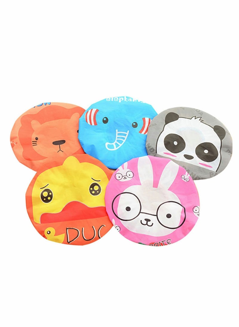 Cartoon Shower Cap, Waterproof PVC Cap for Adults and Children, Multicolor Mixed, Reusable 5 Pieces