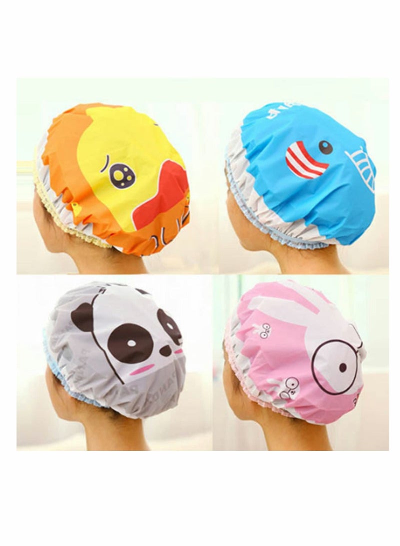 Cartoon Shower Cap, Waterproof PVC Cap for Adults and Children, Multicolor Mixed, Reusable 5 Pieces