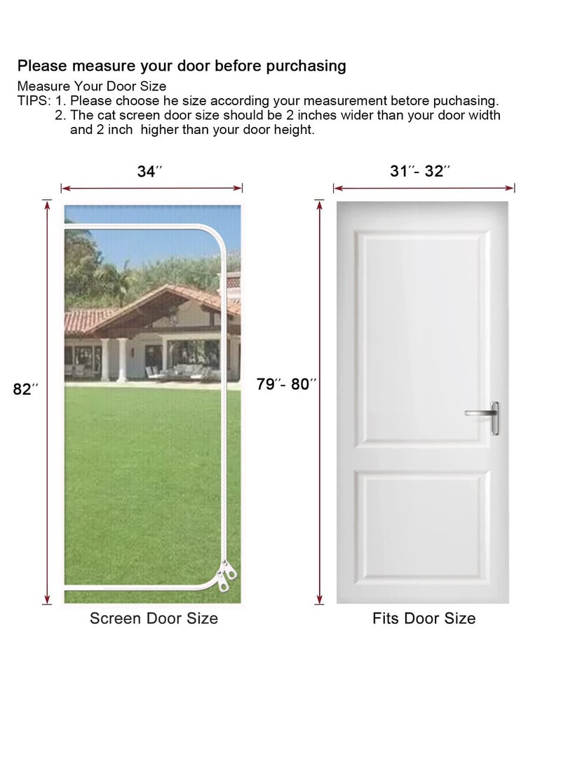 Reinforced Pet Screen Door, Fits Door Size 32''x 80'', Thickened Cat Resistant Mesh Screen Door for Living Room, Patio, Kitchen, Bedroom, Cat Scratch Proof Screen with Zipper Closure.