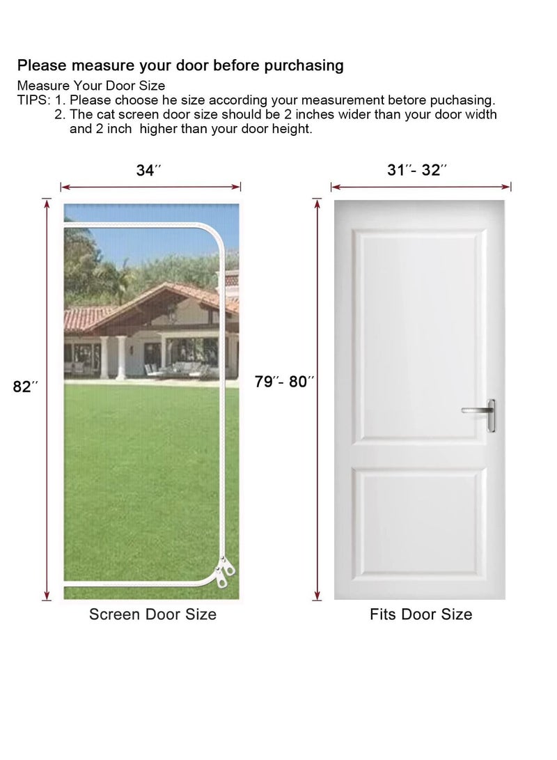 Reinforced Pet Screen Door, Fits Door Size 32''x 80'', Thickened Cat Resistant Mesh for Living Room, Patio, Kitchen, Bedroom, Scratch Proof with Zipper Closure.