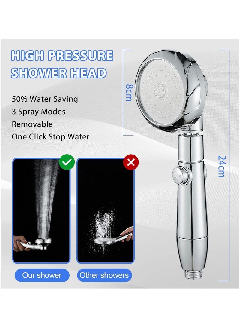 Shower Head, High Pressure Hand Held Showerhead, 360 Degree Rotating Water Saving Heads and Hose 2m Set with Pause Switch Adjustable Universal 3 Mode