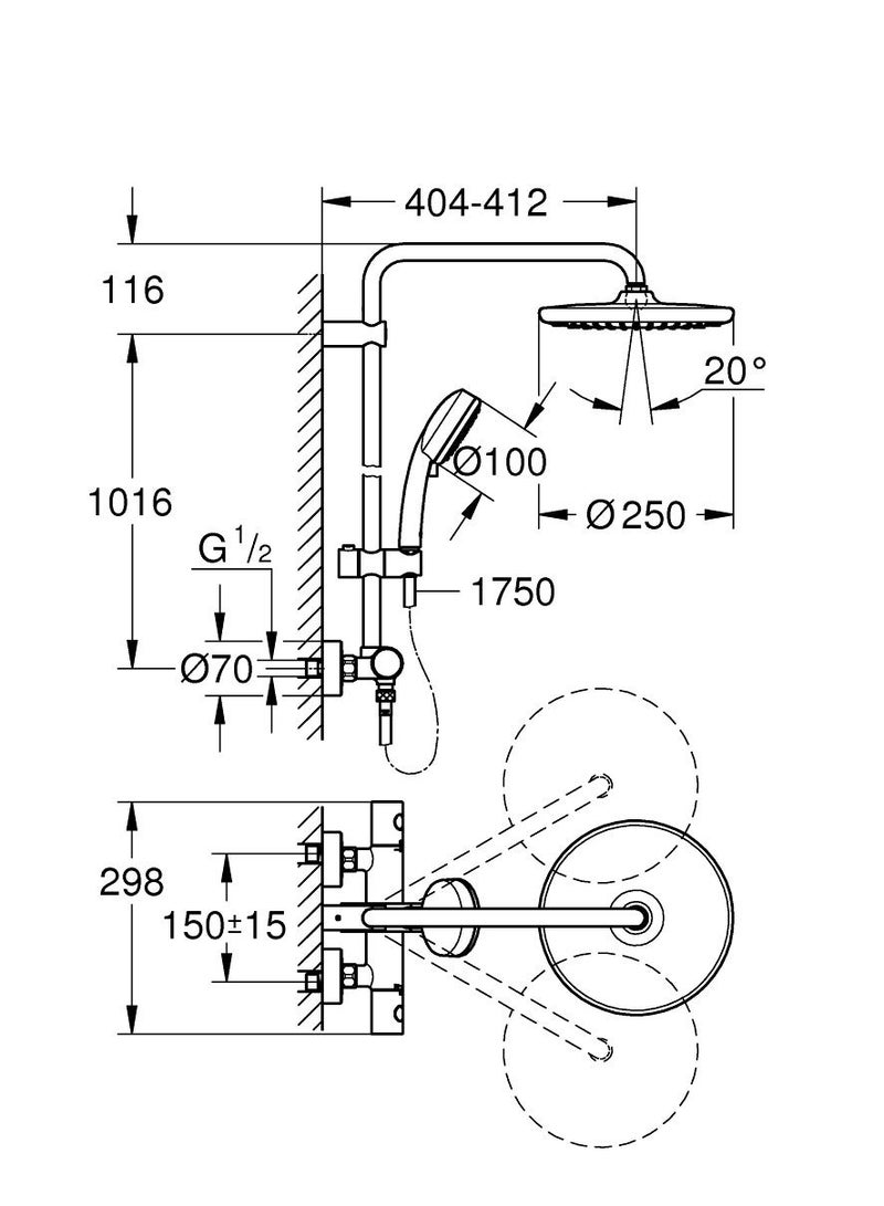 TEMPESTA COSMOPOLITAN SYSTEM 250 SHOWER SYSTEM WITH SAFETY MIXER FOR WALL MOUNTING