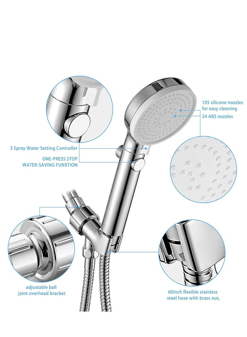 High Pressure Shower Head Hand-held with On / Off Switch - Shower Head with Handheld, 3-modes Handheld Shower Head with Hose, Chrome Finish, Water-saving, Tool - Free Installation