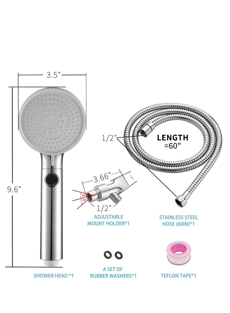 High Pressure Shower Head Hand-held with On / Off Switch - Shower Head with Handheld, 3-modes Handheld Shower Head with Hose, Chrome Finish, Water-saving, Tool - Free Installation