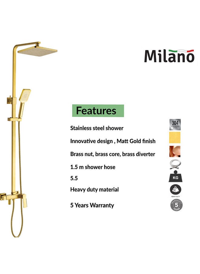 Danube Home Teriz Bath Shower With Rod & Rain Shower Complete Set, Brass Rain Shower Complete Set With Rods L 95 x W 43 x H 16 Cm Gold