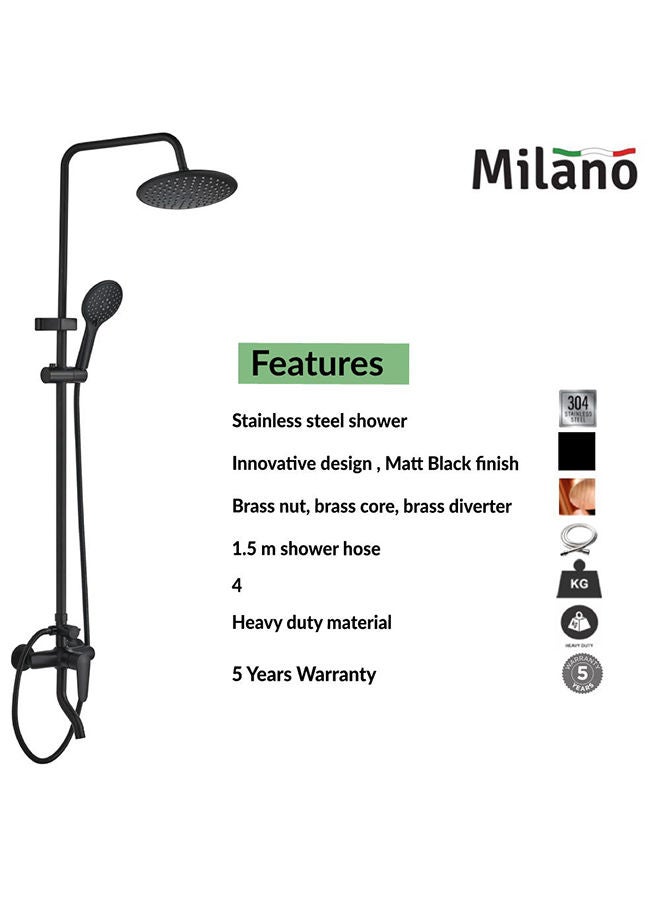 Danube Home Sam Rain Shower Complete Set Round Shape, Brass Shower Column Head Complete Set Rain Shower With Single Handle Faucet, Handheld Shower And Slide L 75.5 x W 34 x H 72 Cm Black