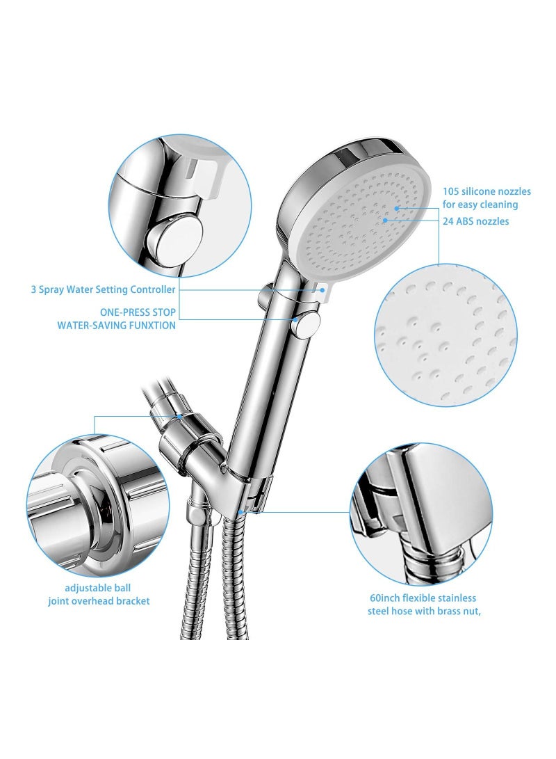 SYOSI High Pressure Shower Head with Switch, Shower Head with Handheld, 3 Modes Handheld Shower Head with Hose, Chrome Finish