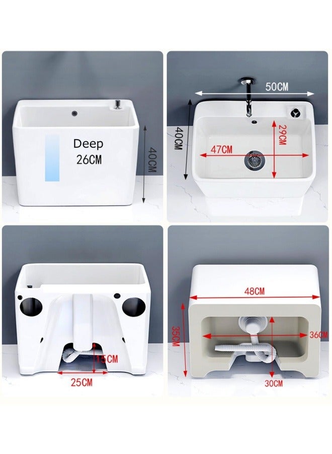 Mop Sink, Ceramic Mop Service Basin with Removable Shelf,Drain Botton and Faucet, Floor Utility Sink Tub Kit for Bathroom,Balcony,Laundry Room