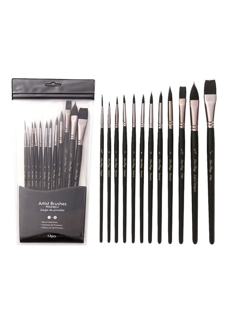 12 Pieces Watercolor Paint Brushes Intermediate Series Synthetic Nylon Brushes for Acrylic Gouache Oil Painting Includes Round Flat Cat Tongue