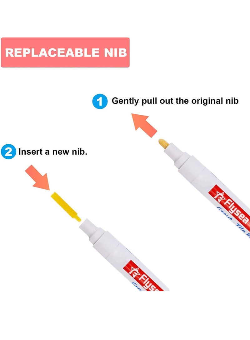 12 Pack Grout Pen Push Type Water Based Tile Marker Replaceable Nib Repair Pens for Bathroom Kitchen Parlor Bedroom Balcony Wall Ceramic Tile and Floor Color Restore White