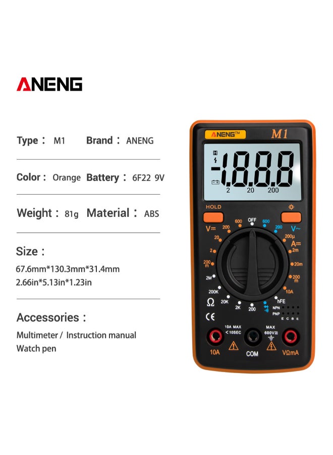 Handheld Digital Millimeter Orange/Black 1.23 x 5.13 x 2.66inch