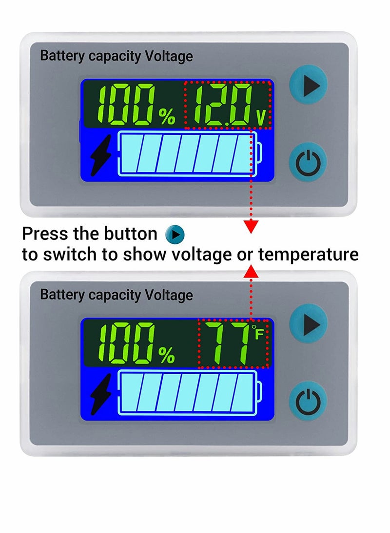 Battery Capacity Monitor 10 100V 24V 36V 48V Digital Battery Status Tester Meter Remaining Percentage Level Voltage Fahrenheit Temperature Power Indicator Panel Gauge for Marine RV
