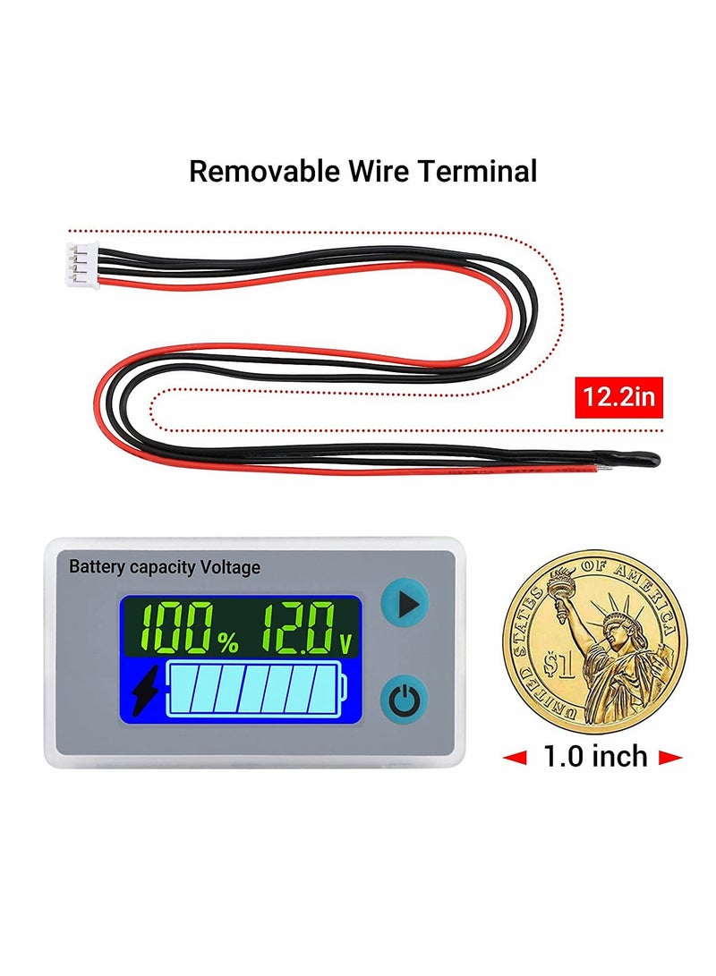Battery Capacity Monitor 10 100V 24V 36V 48V Digital Battery Status Tester Meter Remaining Percentage Level Voltage Fahrenheit Temperature Power Indicator Panel Gauge for Marine RV