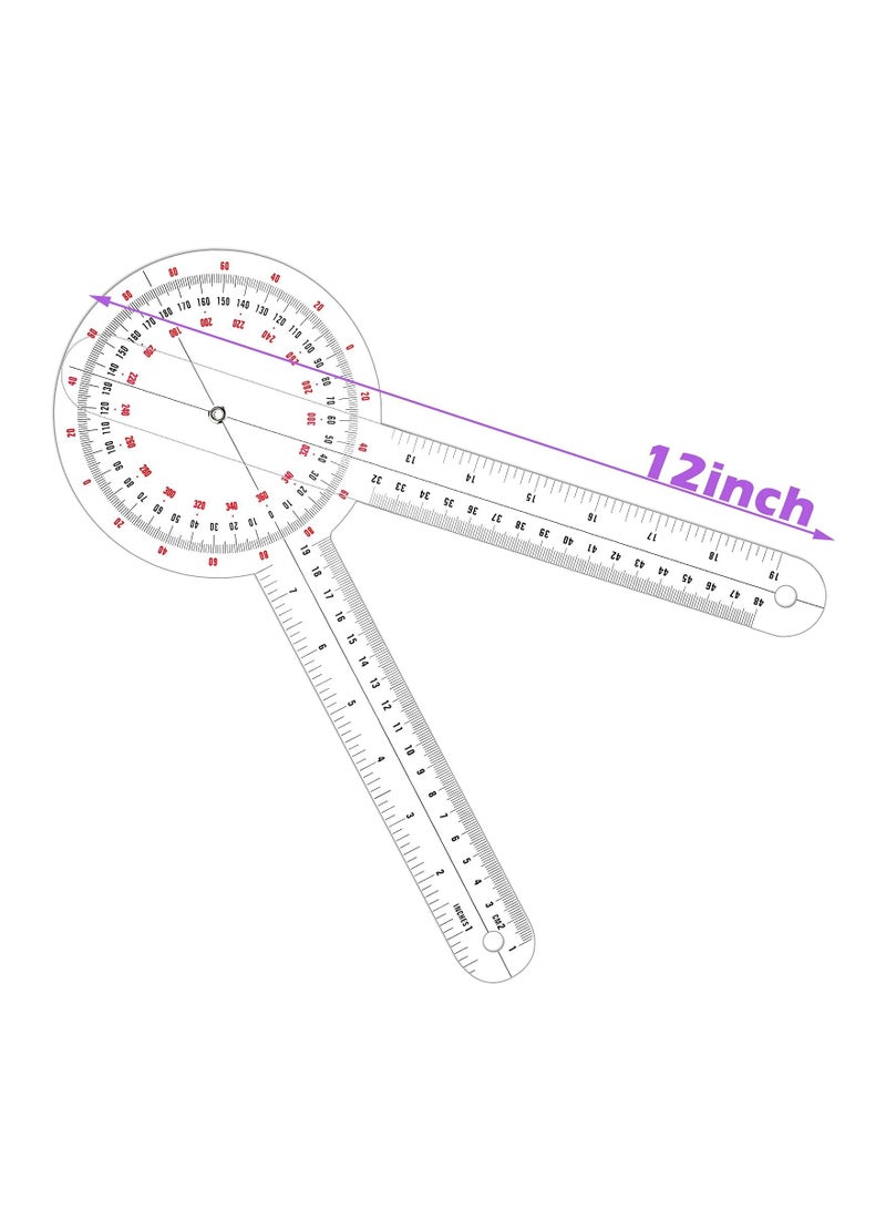 Transparent Goniometer, 12 Inch Orthopedic Angle Ruler Plastic Goniometer 360 Degree for Body Measuring Tape Goniometer Protractor Ruler