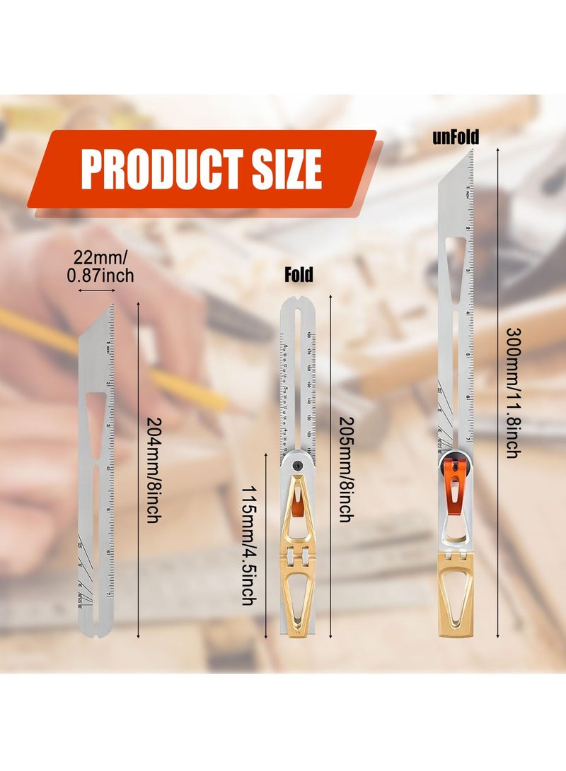 Woodworking Scriber Ruler - Multifunctional T-Type Angle Measuring and Marking Ruler, Dovetail Guide with 6:1 and 8:1 Slopes, Adjustable Gauge with Double-Sided Scale