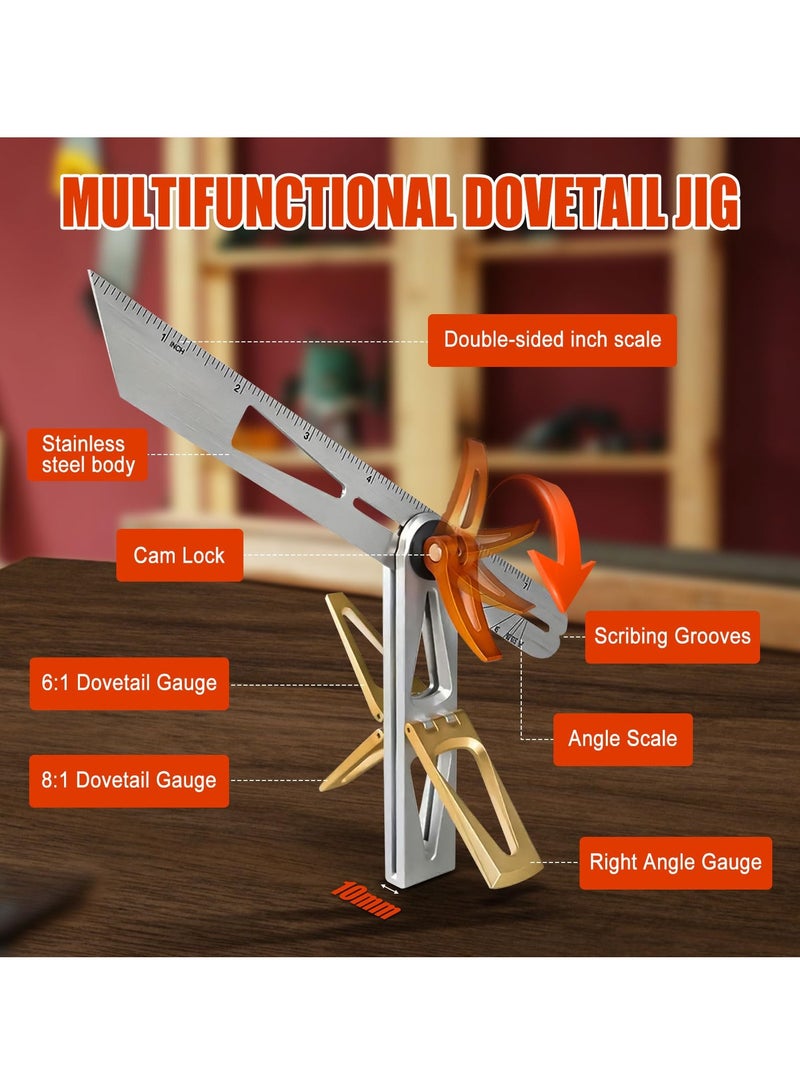 Woodworking Scriber Ruler - Multifunctional T-Type Angle Measuring and Marking Ruler, Dovetail Guide with 6:1 and 8:1 Slopes, Adjustable Gauge with Double-Sided Scale