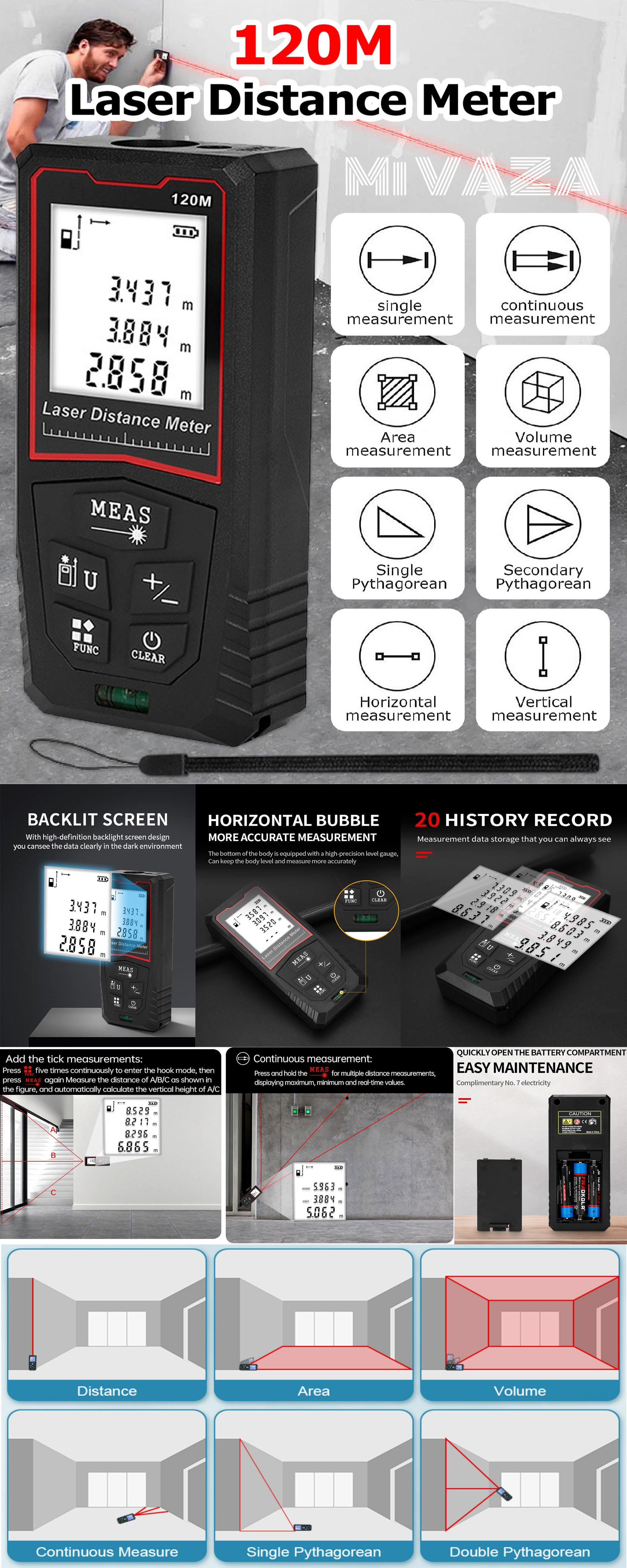 Portable Laser Measure - Digital Smart Laser Distance Meter with Bubble Levels - Measure Distance - 20 Sets of Data - Pythagorean Mode - Precision Measurement Tools