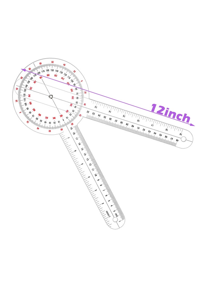 Transparent Goniometer, 12 Inch Orthopedic Angle Ruler Plastic Goniometer 360 Degree for Body Measuring Tape Goniometer Protractor Ruler