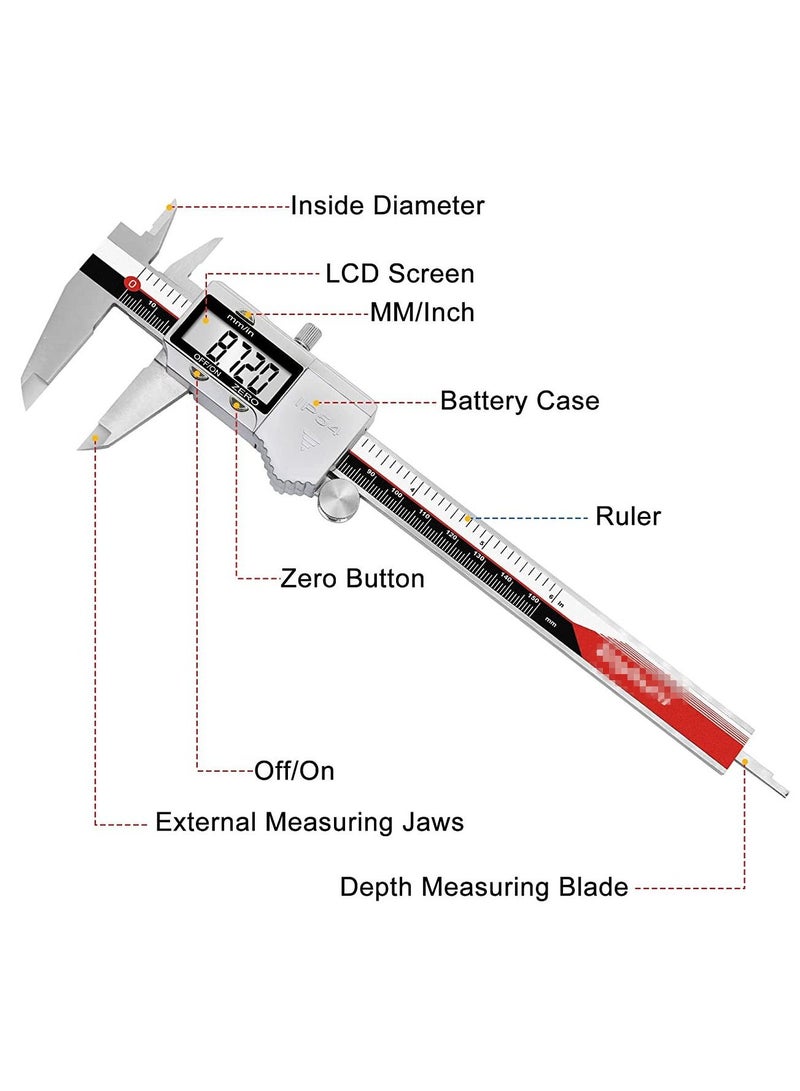 Digital Calipers, IP54 Electronic Caliper Measuring Tool Micrometer Stainless Steel 6 inch /150 mm Vernier Caliper Ruler Woodworking Measure Tool with LCD Display