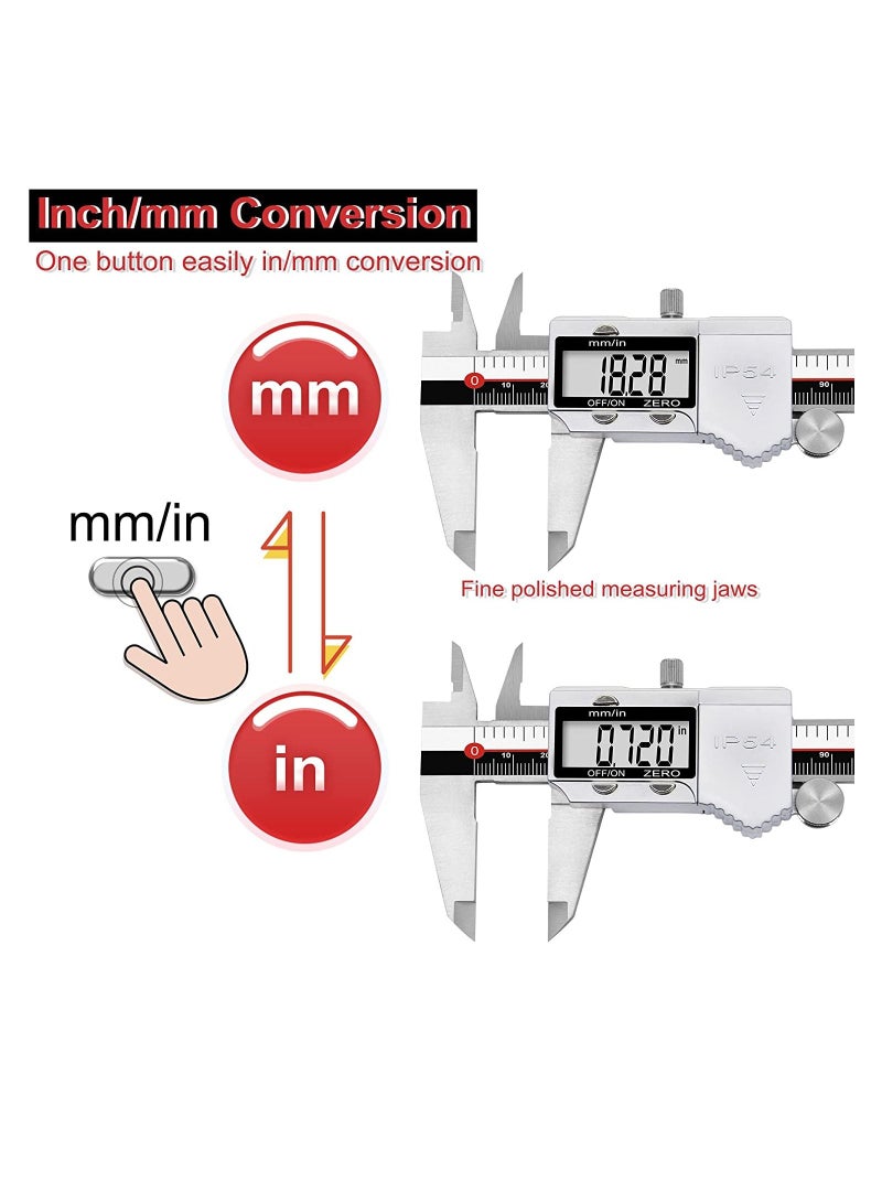 Digital Calipers, IP54 Electronic Caliper Measuring Tool Micrometer Stainless Steel 6 inch /150 mm Vernier Caliper Ruler Woodworking Measure Tool with LCD Display