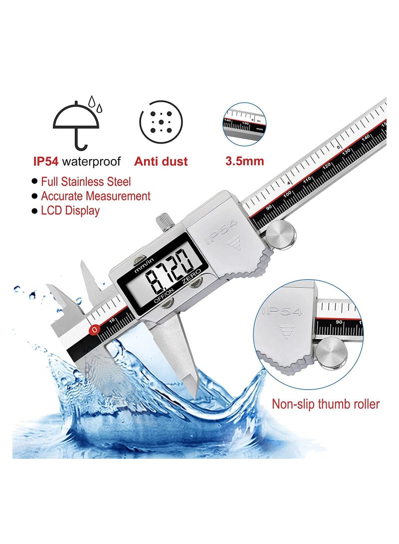Digital Calipers, IP54 Electronic Caliper Measuring Tool Micrometer Stainless Steel 6 inch /150 mm Vernier Caliper Ruler Woodworking Measure Tool with LCD Display