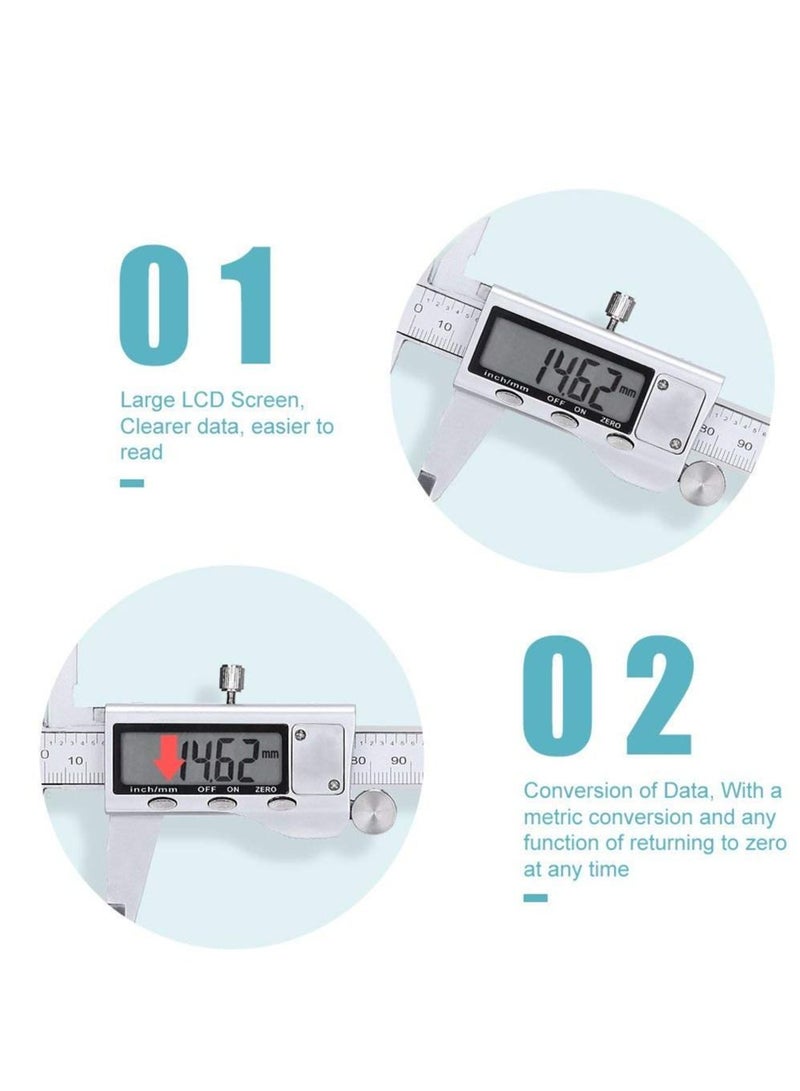 Electronic Digital Vernier Caliper Stainless Steel Caliper 150mm/0-6 inch Measuring Tools with Extra-Large LCD Screen inch Metric Conversion