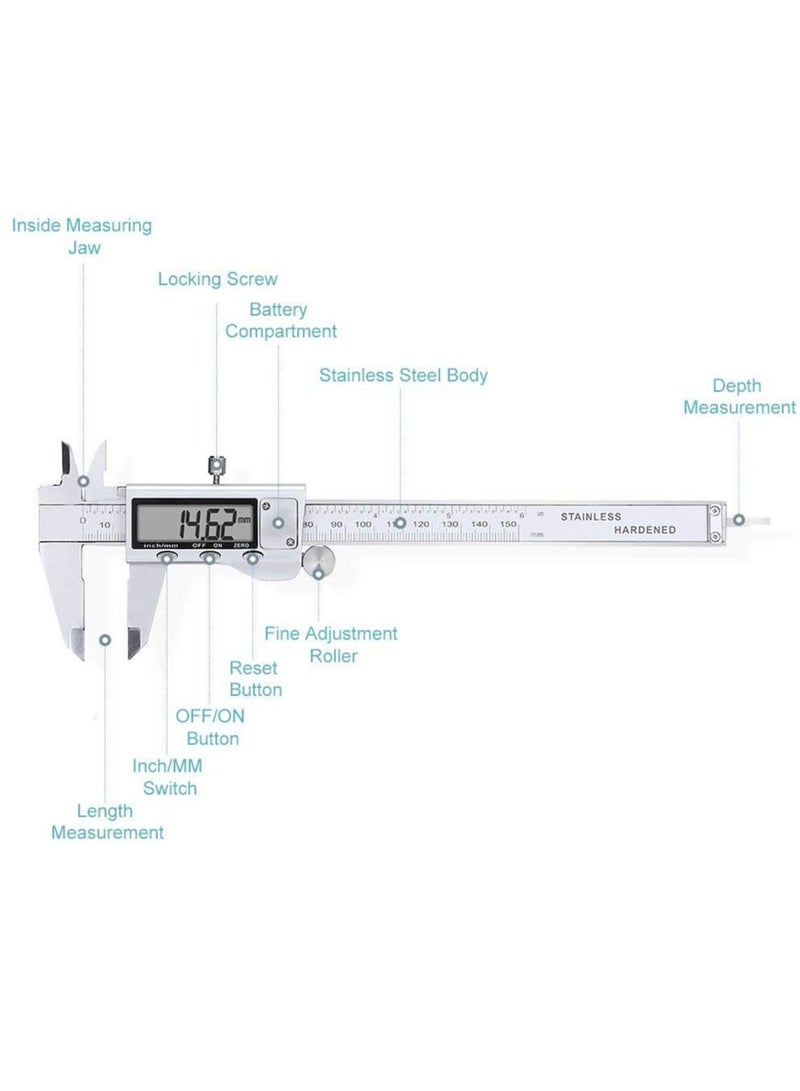 Electronic Digital Vernier Caliper Stainless Steel Caliper 150mm/0-6 inch Measuring Tools with Extra-Large LCD Screen inch Metric Conversion