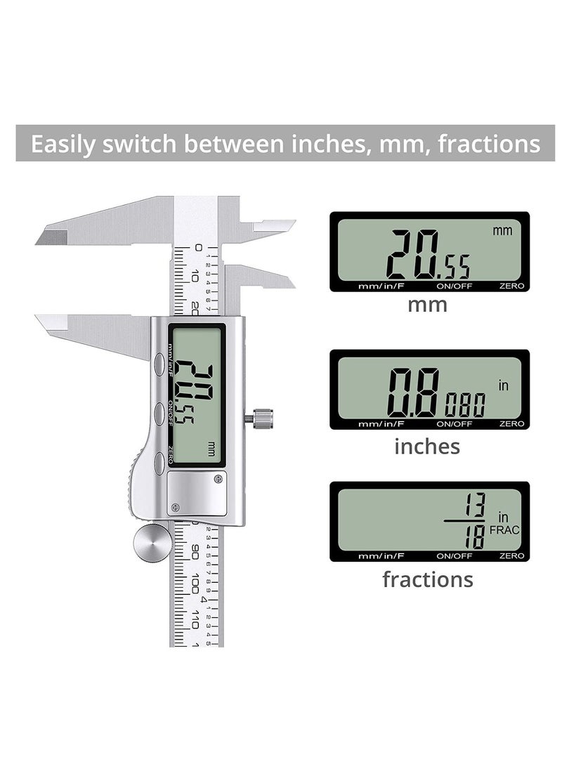 Digital Caliper 6 Inch Measuring Tool Stainless Steel Vernier Caliper Digital Micrometer with Large LCD Screen Auto-Off Feature Inch/Metric Conversion Measuring Tool Caliper