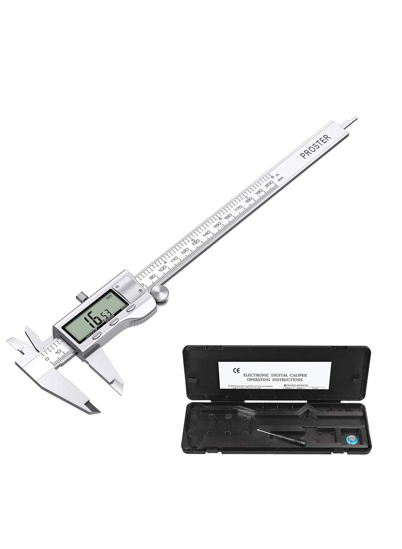 Digital Caliper 6 Inch Measuring Tool Stainless Steel Vernier Caliper Digital Micrometer with Large LCD Screen Auto-Off Feature Inch/Metric Conversion Measuring Tool Caliper