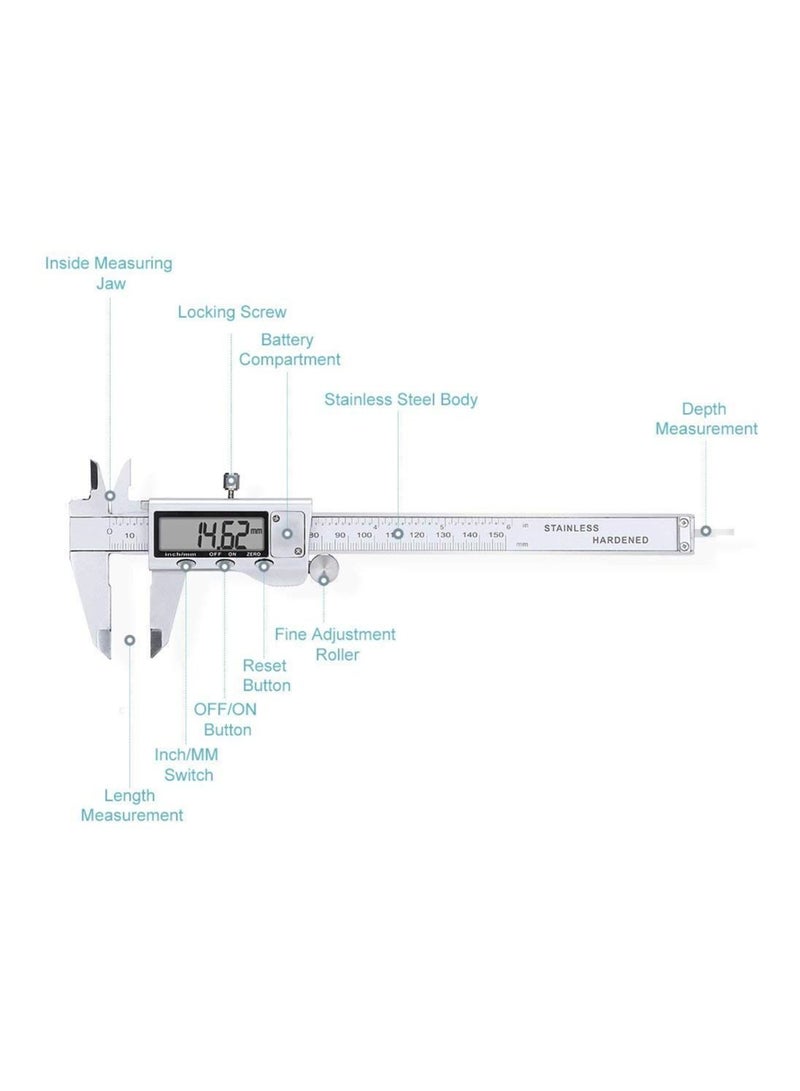 Digital Caliper 6 Inch Measuring Tool Stainless Steel Vernier Caliper Digital Micrometer with Large LCD Screen Auto-Off Feature Inch/Metric Conversion Measuring Tool Caliper