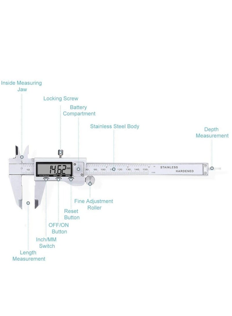 Electronic Digital Vernier Caliper Stainless Steel Caliper 150mm /0-6 inch Measuring Tools with Extra-Large LCD Screen inch /Metric Conversion