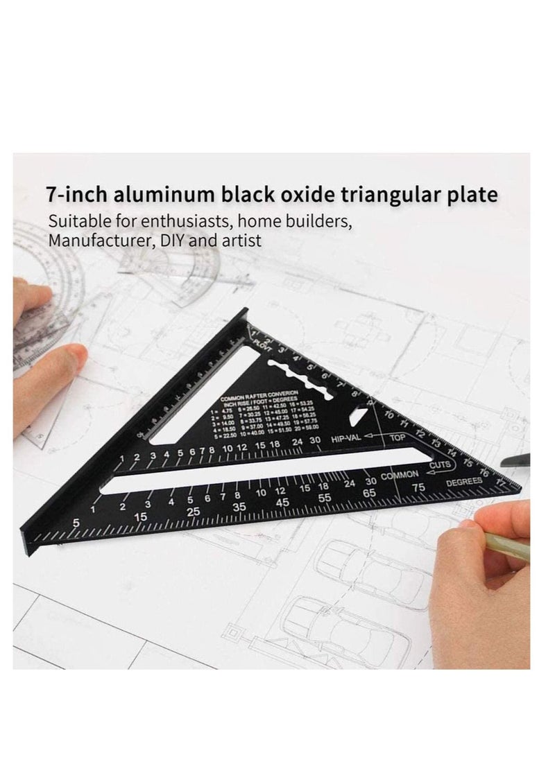 Triangle Ruler, Black Square Protractor, High Precision Aluminum Alloy Triangle Ruler, Layout Measuring Tool for Engineer Carpenter Home Builders, Artist 7 Inch Metric and Imperial