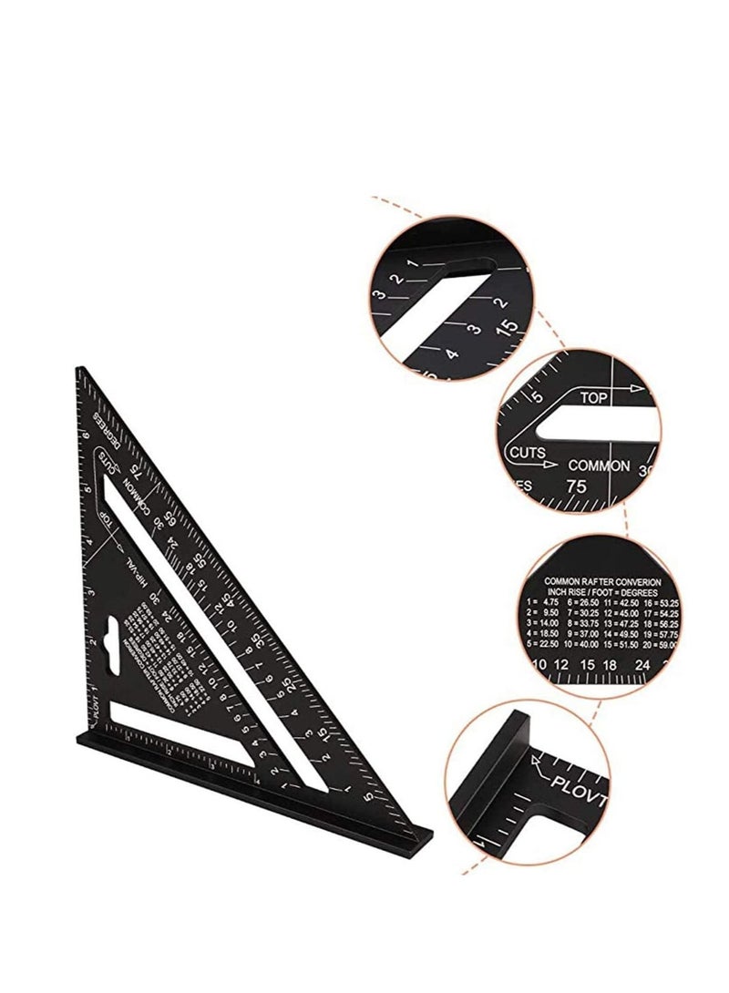 Triangle Ruler, Black Square Protractor, High Precision Aluminum Alloy Triangle Ruler, Layout Measuring Tool for Engineer Carpenter Home Builders, Artist 7 Inch Metric and Imperial