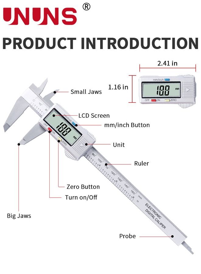 Digital LCD Vernier Calliper,Quick Change Button For Inch Fraction Millimeter Conversions,150MM Digital Caliper Measuring Tool