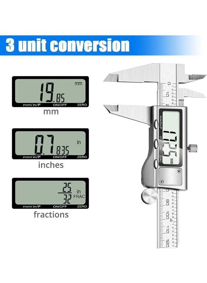 Digital Measuring Tool, Stainless Steel Vernier Caliper, Digital Micrometer with Large LCD Display, Easy to Change from Metric Fraction to Inch, 6 Inch Caliper Tool for DIY and Home