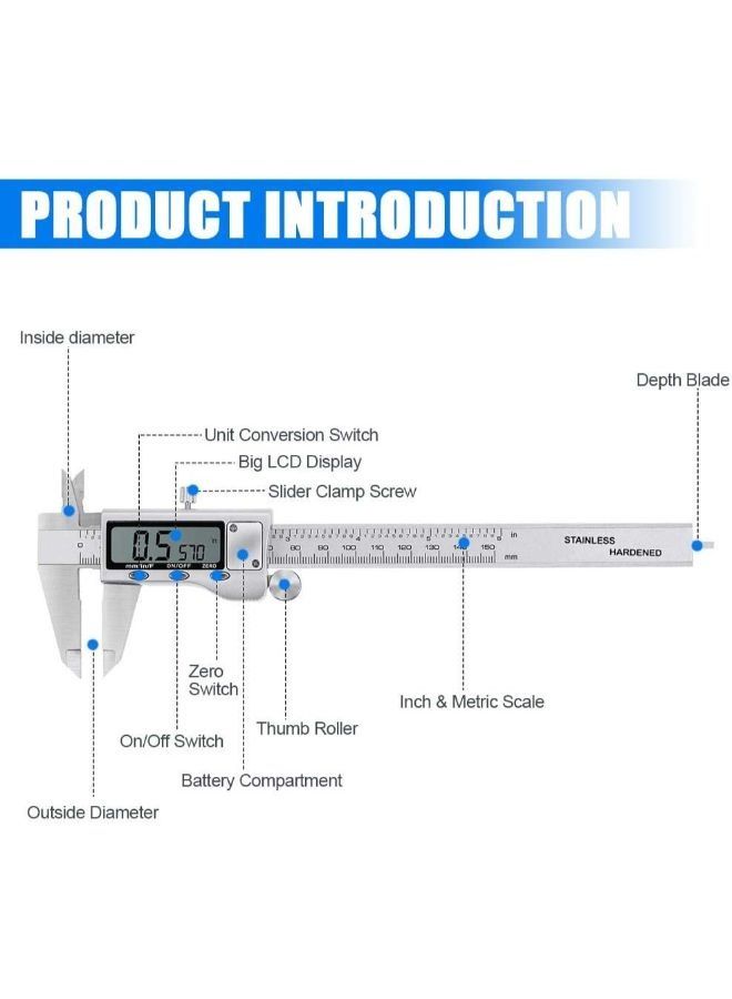 Digital Measuring Tool, Stainless Steel Vernier Caliper, Digital Micrometer with Large LCD Display, Easy to Change from Metric Fraction to Inch, 6 Inch Caliper Tool for DIY and Home