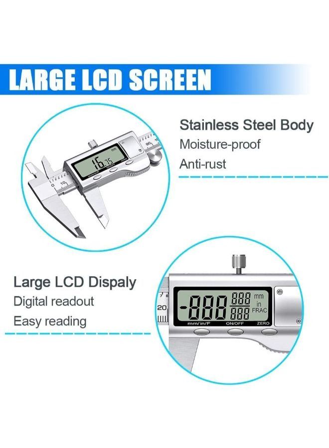 Digital Measuring Tool, Stainless Steel Vernier Caliper, Digital Micrometer with Large LCD Display, Easy to Change from Metric Fraction to Inch, 6 Inch Caliper Tool for DIY and Home