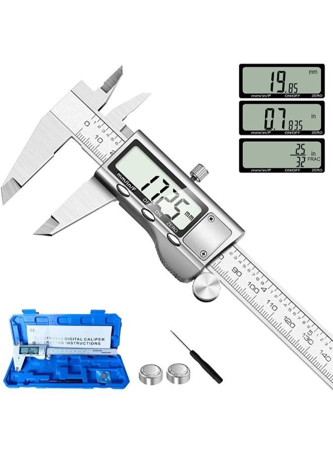 Digital Measuring Tool, Stainless Steel Vernier Caliper, Digital Micrometer with Large LCD Display, Easy to Change from Metric Fraction to Inch, 6 Inch Caliper Tool for DIY and Home